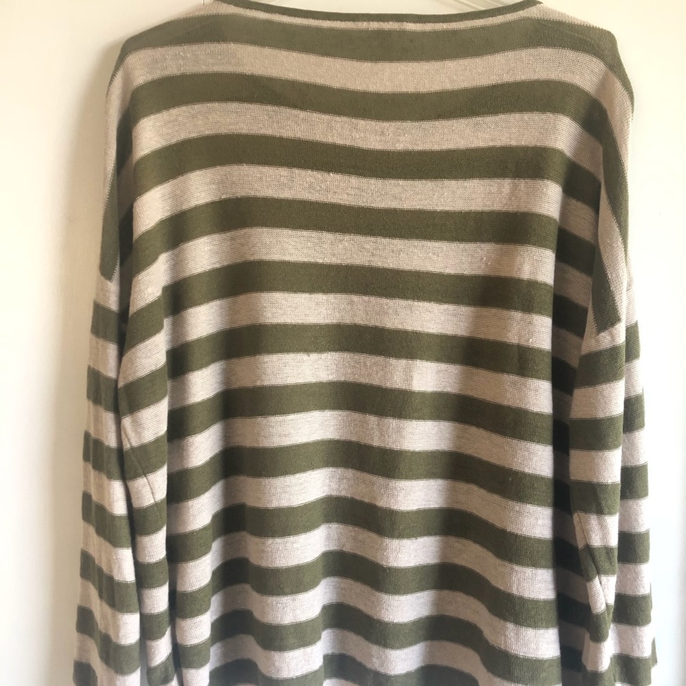 Eileen Fisher Olive Green and Cream Organic Linen Striped Lightweight Sweater - Picture 2 of 7